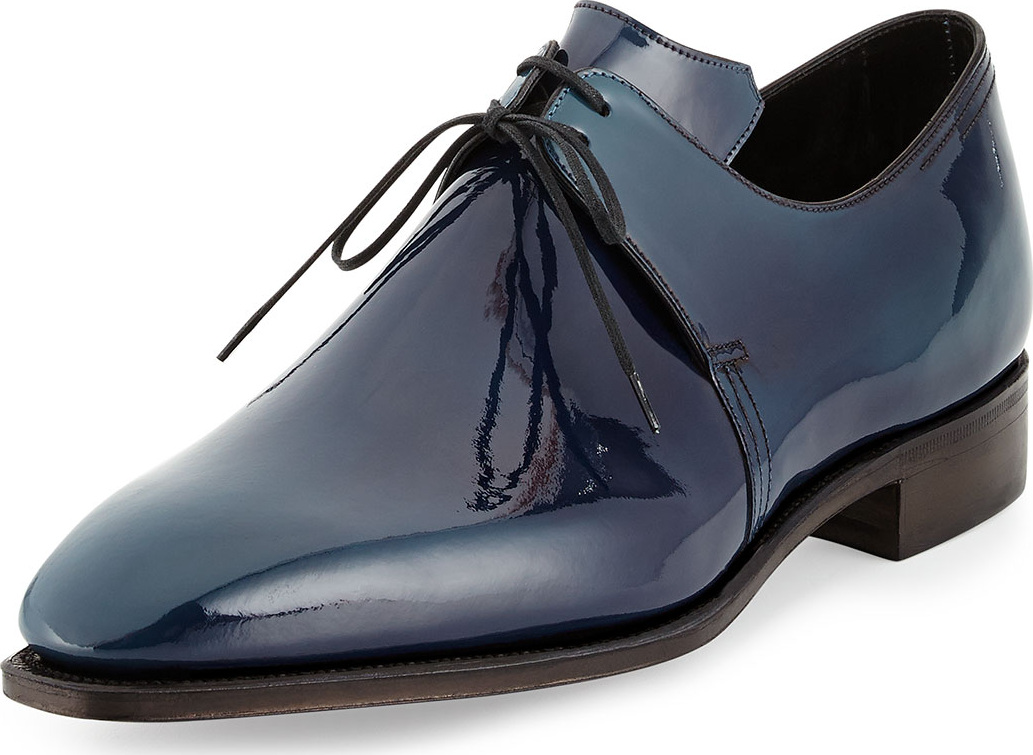 Corthay Arca Patent Leather Derby Shoe with Blue Patina, Navy