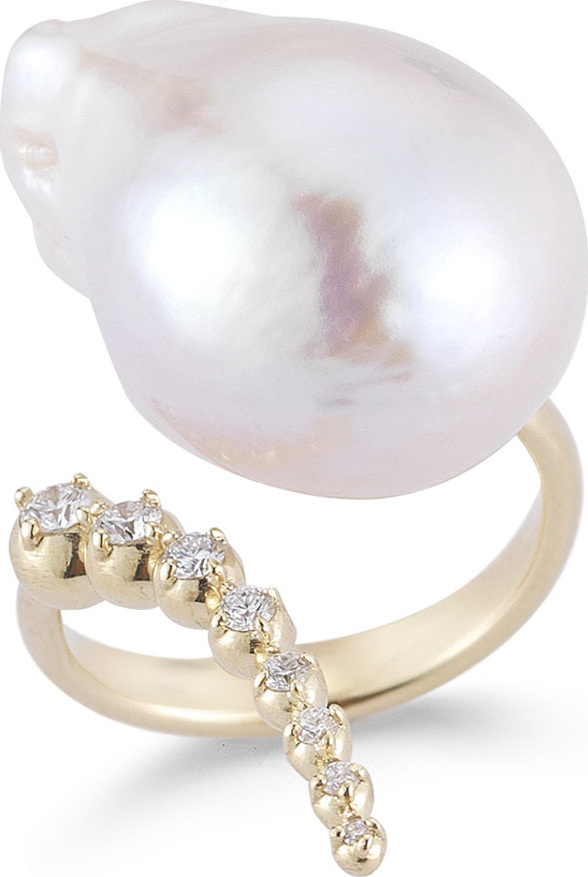 Mizuki 14K Curved Diamond & Pearl Ring