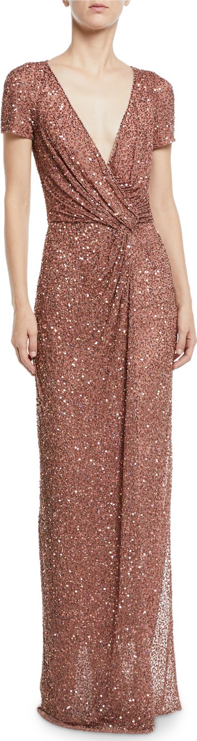 Jenny Packham Cap-Sleeve Knotted-Front Sparkle Wrap Column Gown