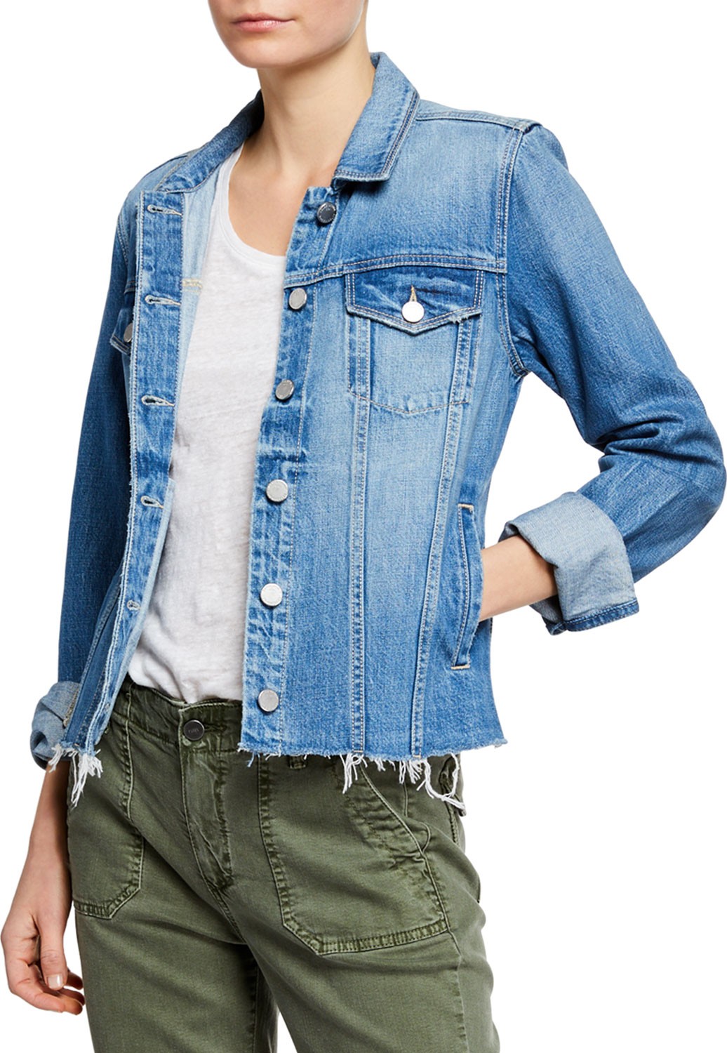 PAIGE Rowan Button-Front Denim Jacket w/ Raw Hem
