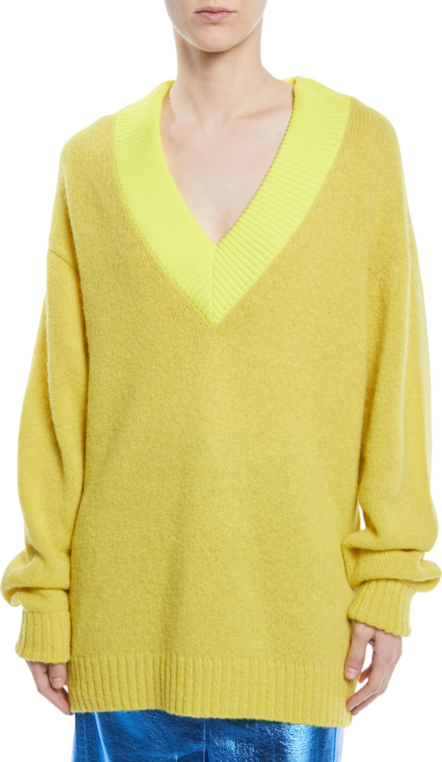 Tibi Airy Alpaca Pullover Sweater w/ Contrast Rib