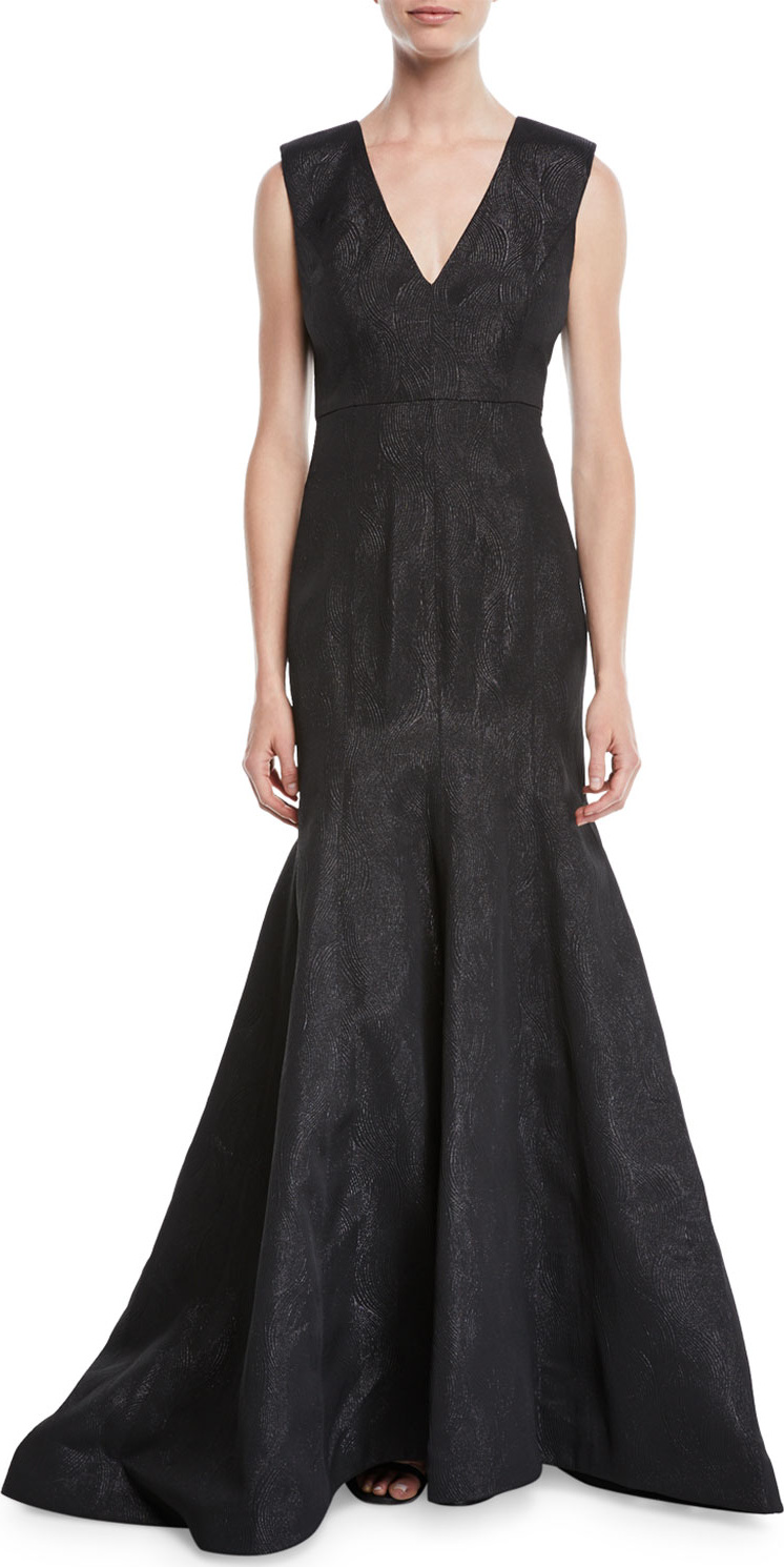HALSTON HERITAGE Trumpet Gown in Metallic Jacquard