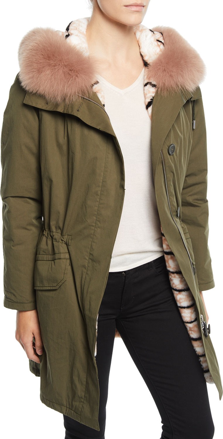 Army By Yves Salomon Reversible Intarsia Parka Coat w/ Fur Trim