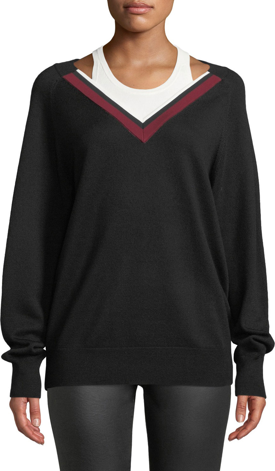 T By Alexander Wang Varsity Trim V-Neck Wool Sweater w/ Tank