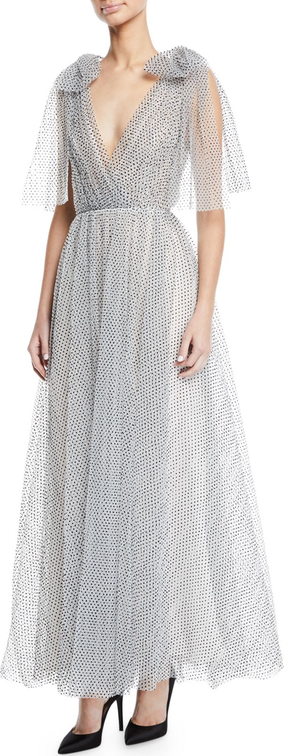 Monique Lhuillier V-Neck Bow-Shoulder Pleated Dot Tulle Gown