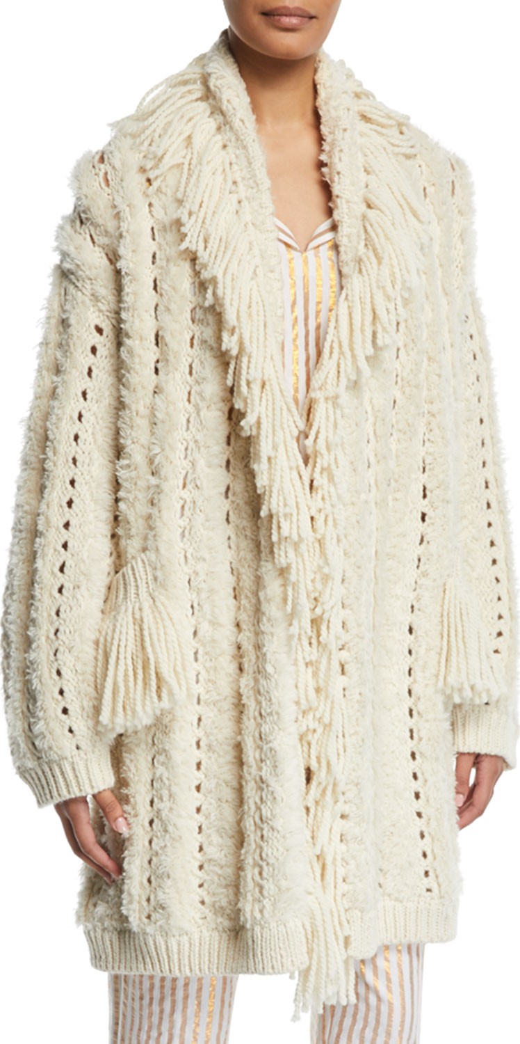 FIGUE Mila Chunky-Crochet Fringed Open-Front Cardigan