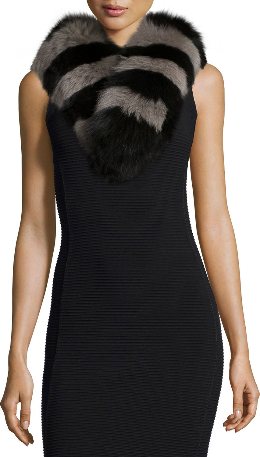 Charlotte Simone Candy Stripe Fox Fur Collar, Black/Gray