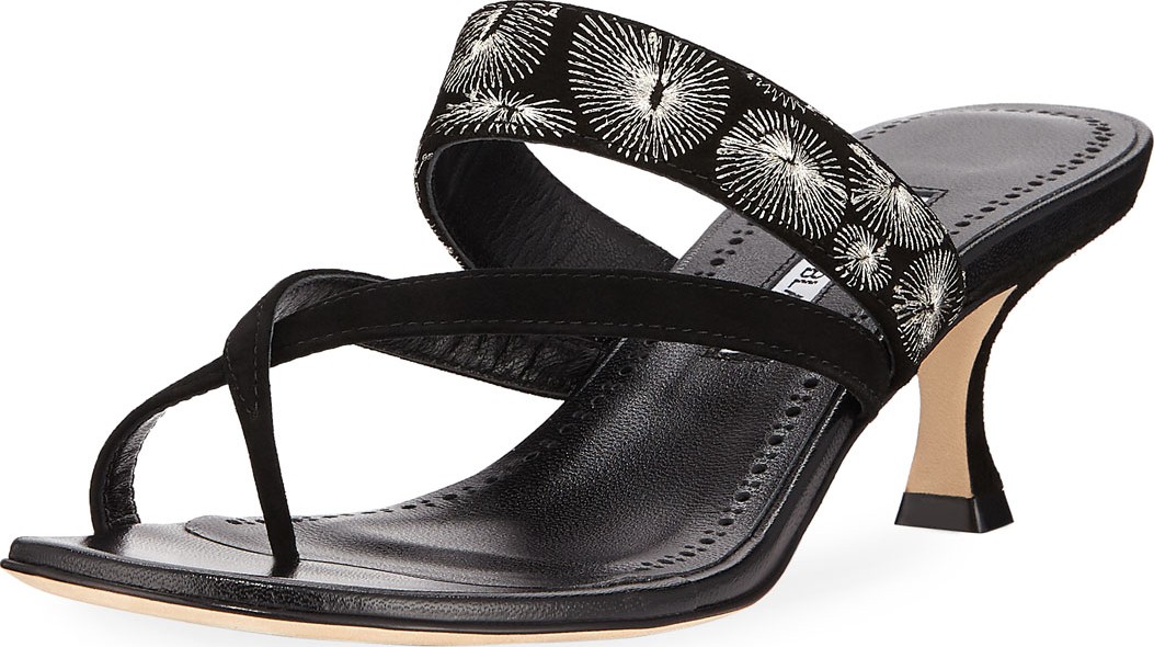 Manolo Blahnik Susilla Embroidered Kitten-Heel Slide Sandals