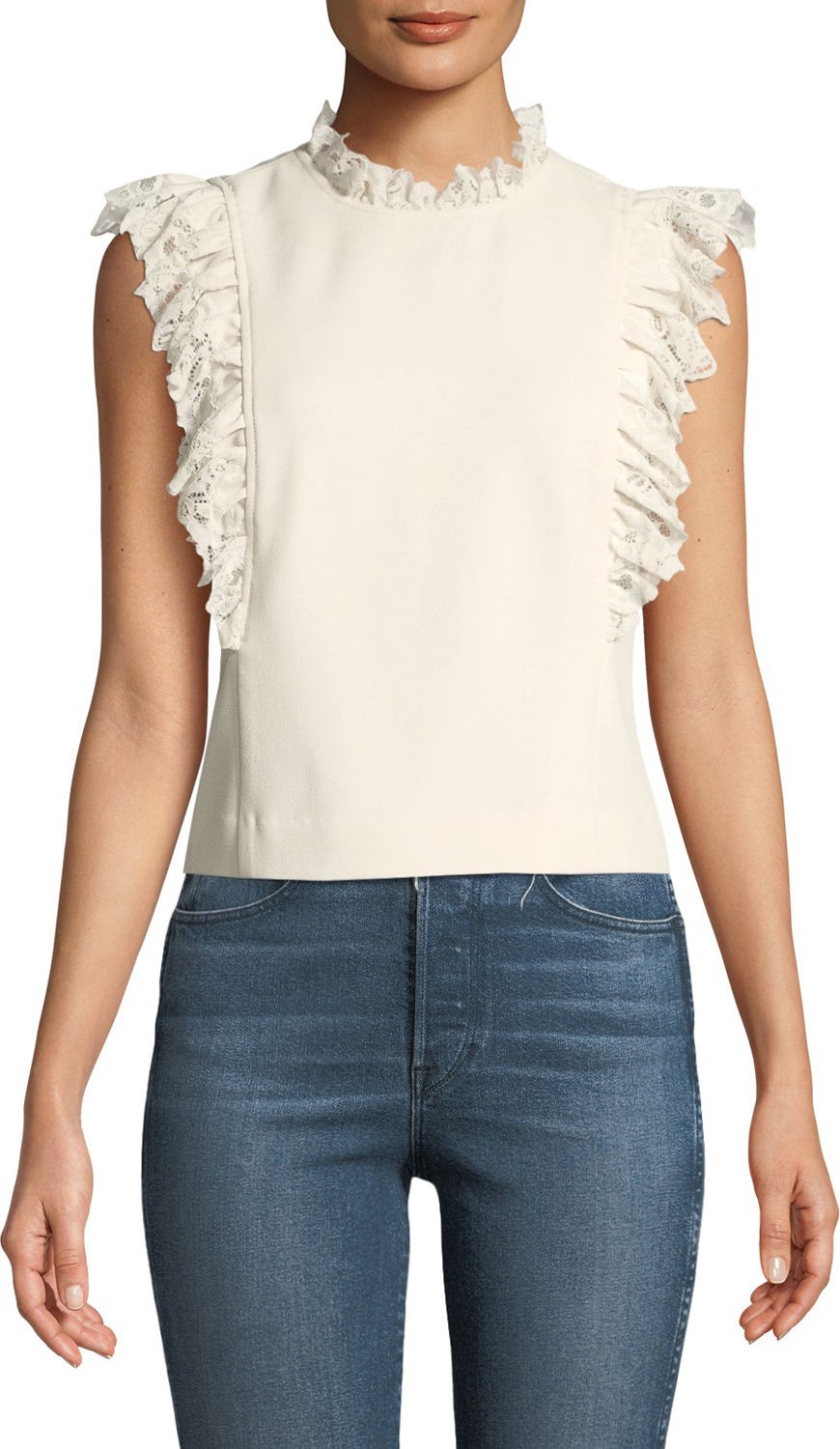 Rebecca Taylor Sleeveless High-Neck Crepe Top w/ Lace Trim