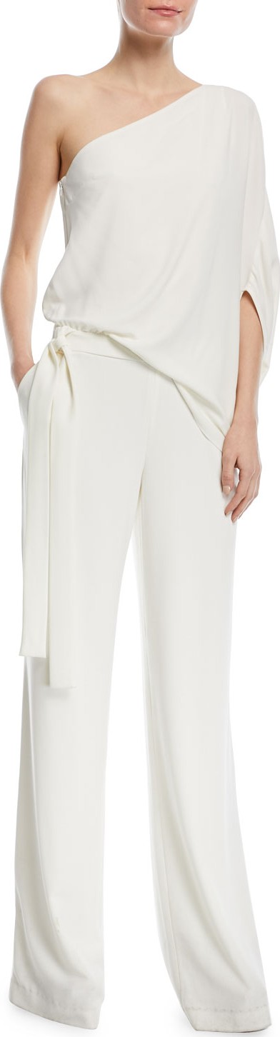 HALSTON HERITAGE One-Shoulder Draped Stretch Crepe Jumpsuit
