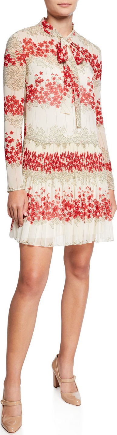 RED Valentino Dreaming Peony Print Tie-Neck Long-Sleeve Muslin Dress