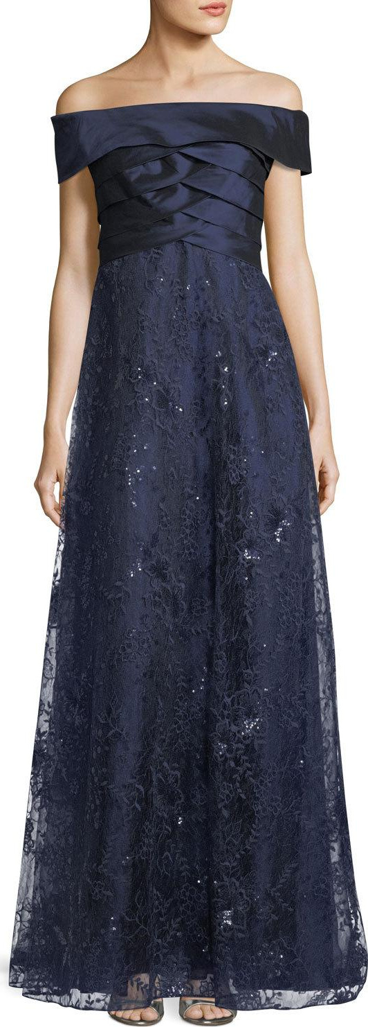 Rickie Freeman for Teri Jon Off-the-Shoulder Shutter A-Line Gown