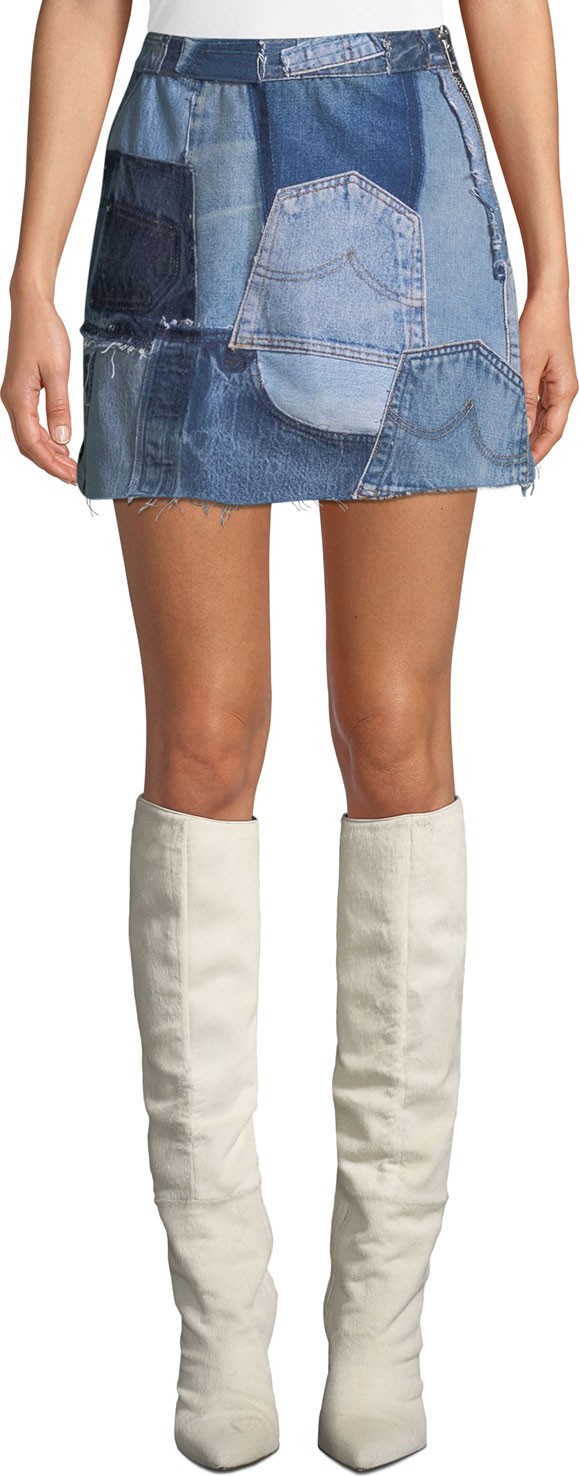RE/DONE Patchwork Frayed Denim Mini Skirt
