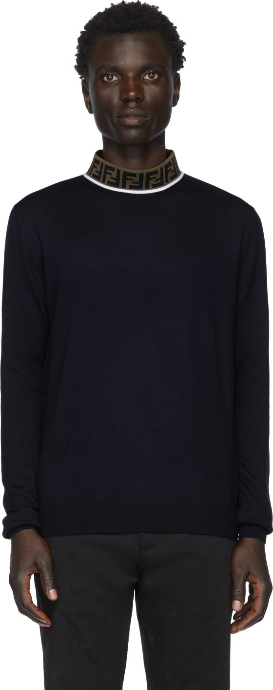 Fendi Navy Wool Mock Neck Sweater