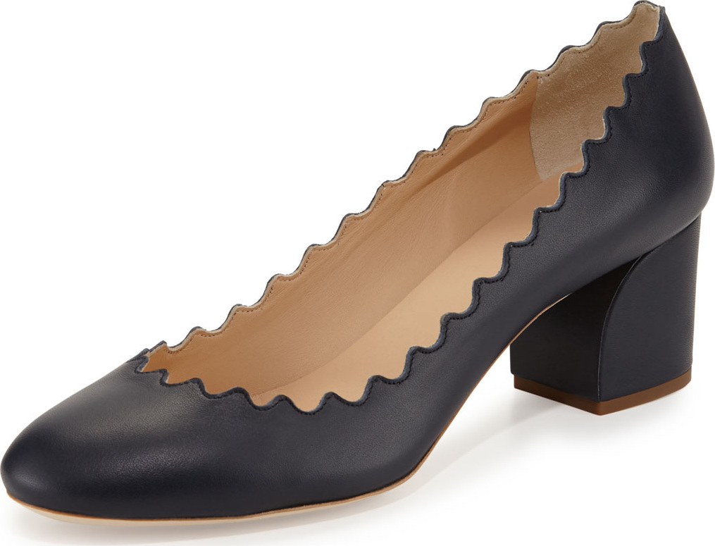 Chloe Scalloped Leather Block-Heel Pump, Navy