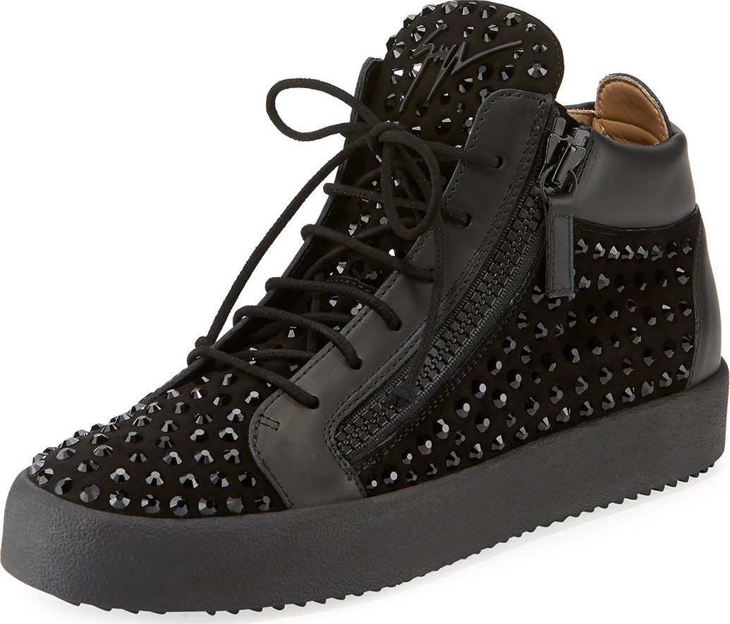Giuseppe Zanotti Men's Swarovski Crystal Studded Suede Mid-Top Sneakers