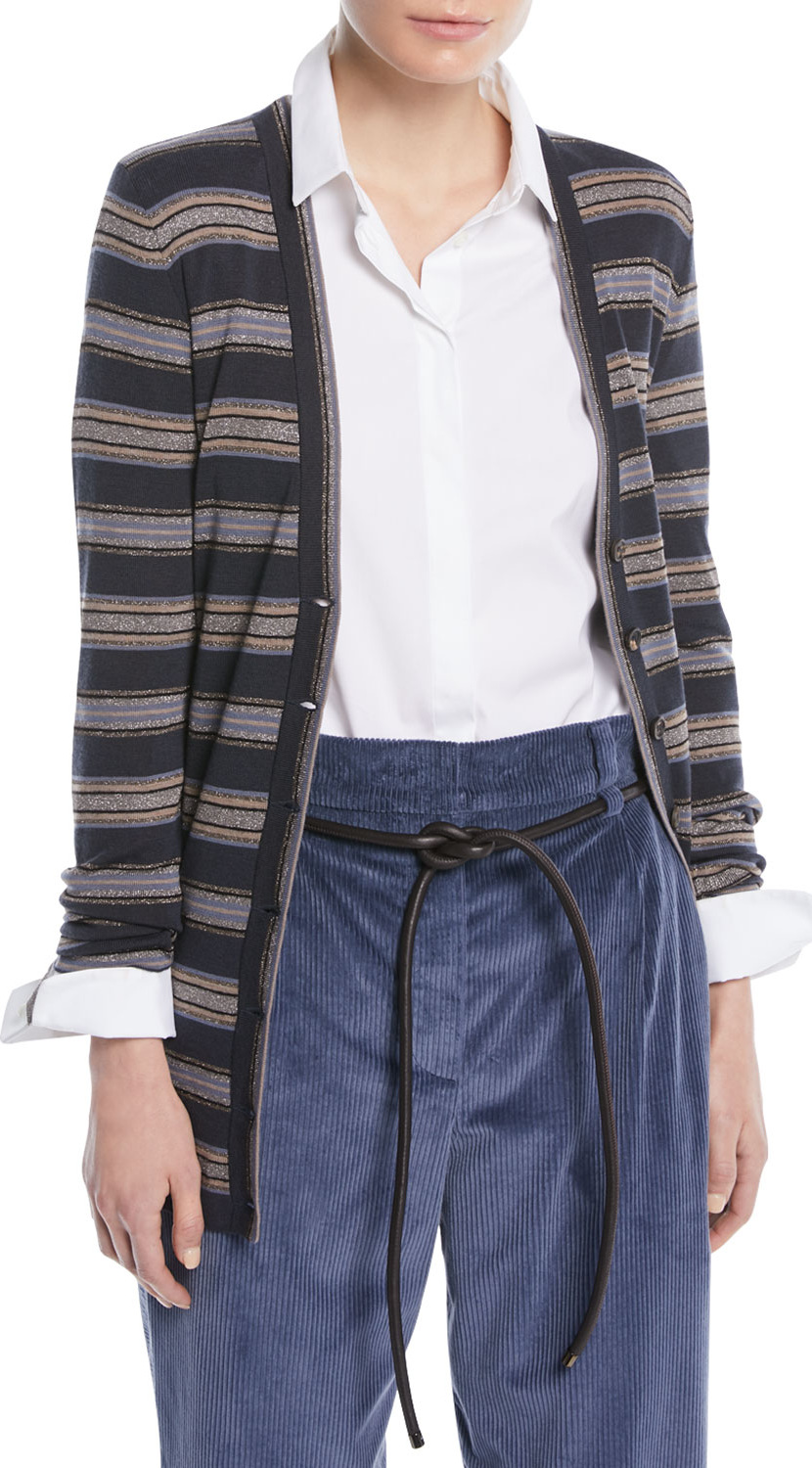 Brunello Cucinelli Metallic Striped Wool-Cashmere Cardigan