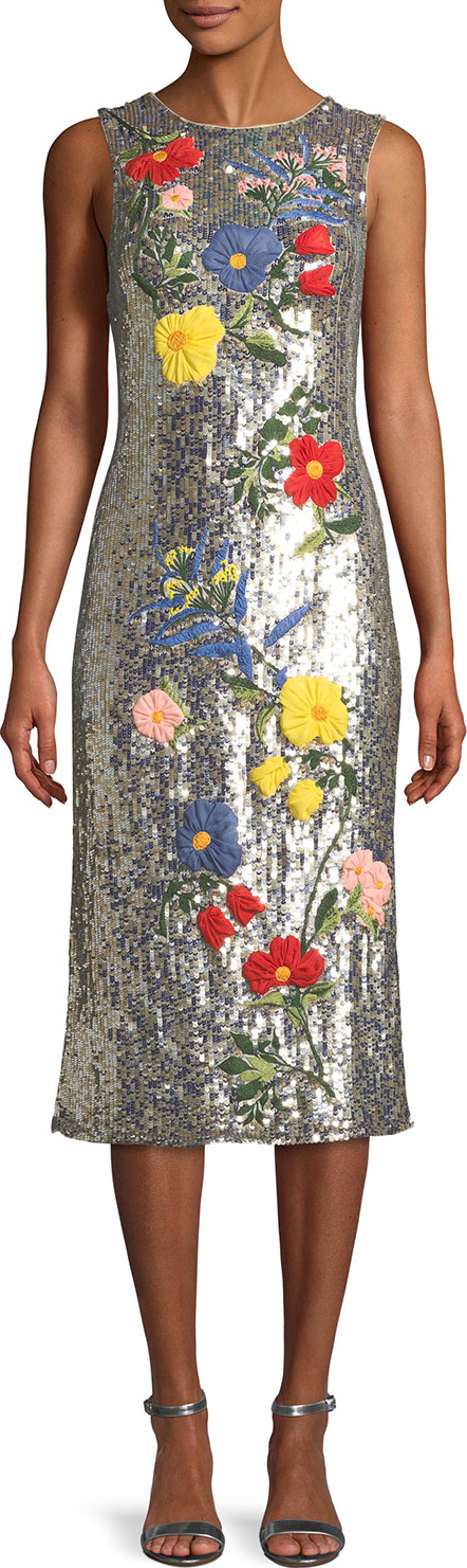 Alice + Olivia Nat Sleeveless Sequined Floral-Embroidered Sheath Cocktail Dress