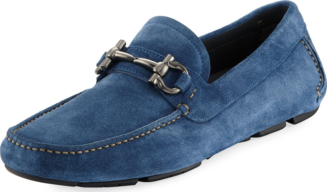 Salvatore Ferragamo Men's Gancio-Bit Suede Driver, Light Blue