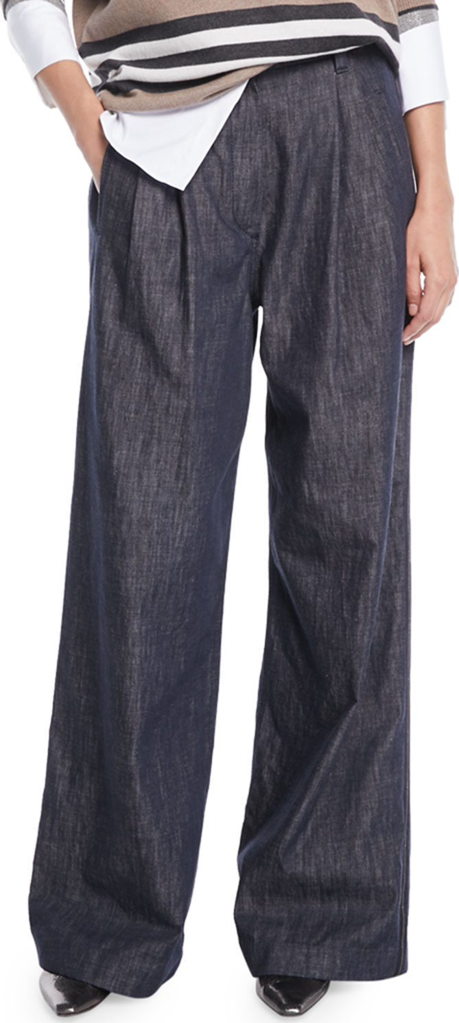 Brunello Cucinelli Wide-Leg Metallic Donnegal Pants w/ Pleats