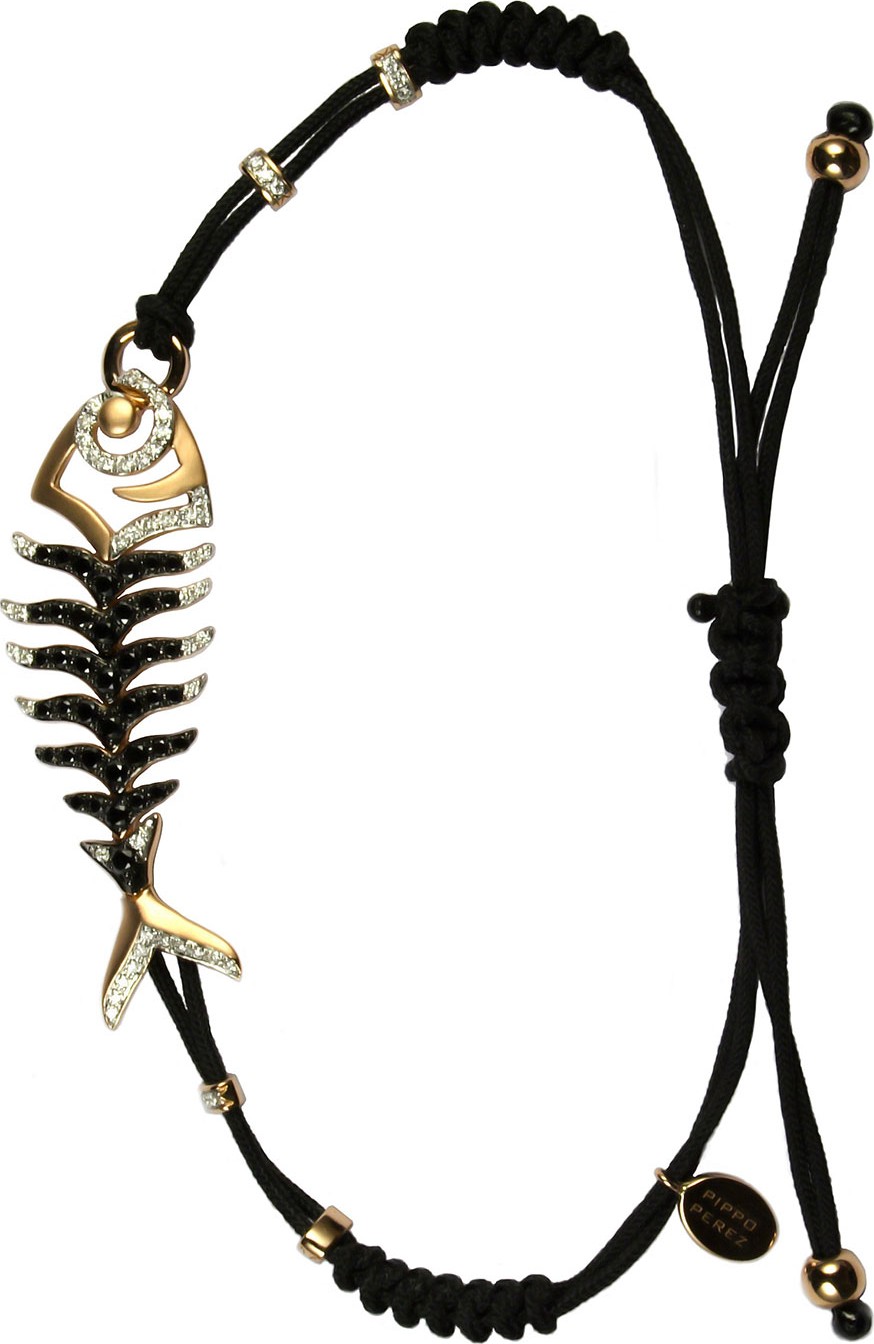 Pippo Perez Pull-Cord Bracelet with Black & White Diamond Fishbone Station