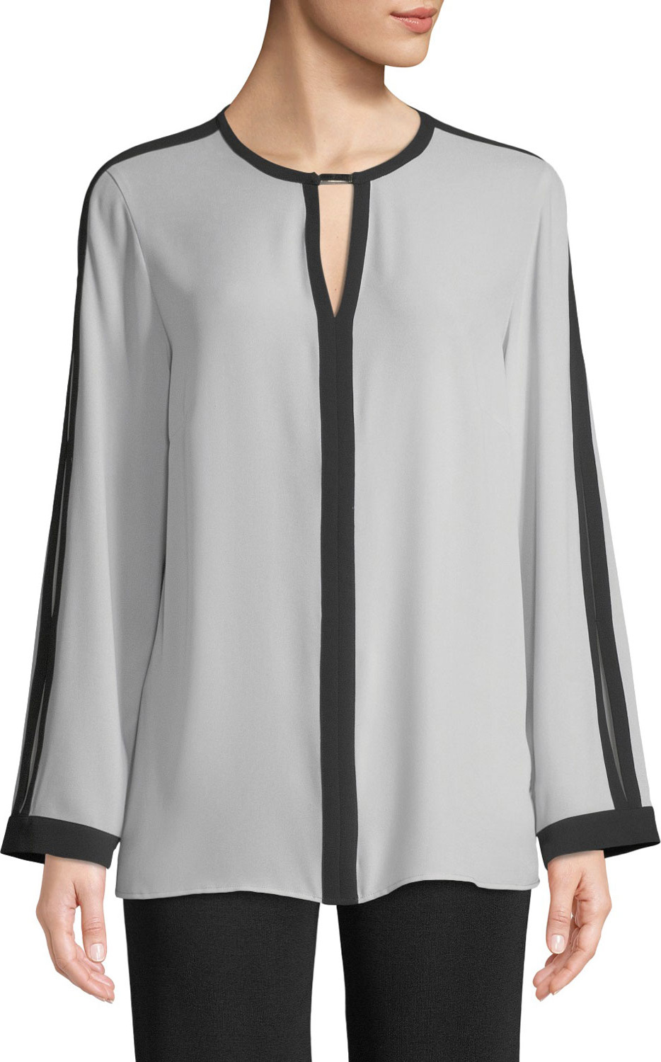 Misook Silky Keyhole-Front Blouse w/ Contrast Trim, Marble/Black