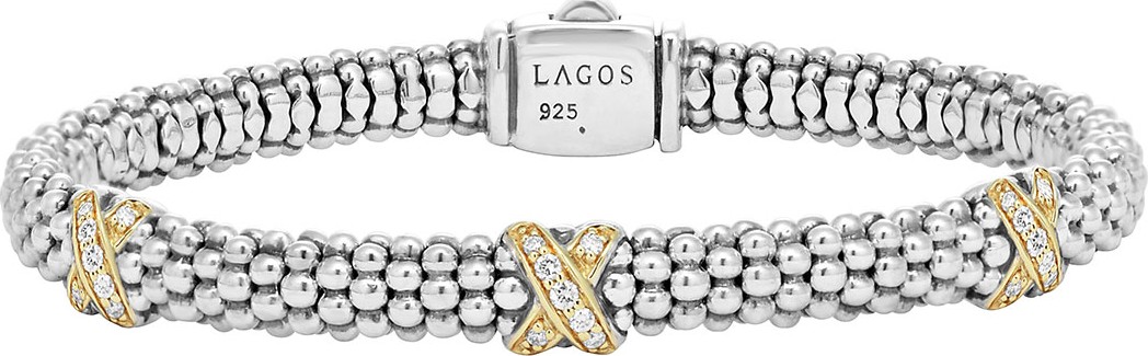 LAGOS Silver Caviar Diamond X Bracelet with 18k Gold, 6mm