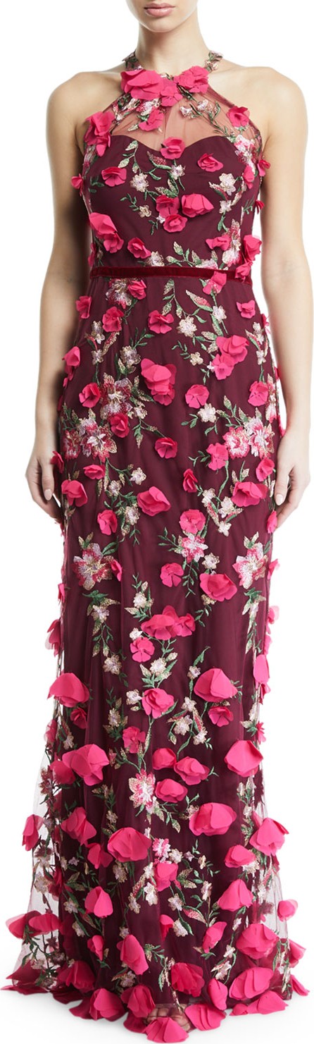 Marchesa Notte 3D Chiffon Flower Halter Gown