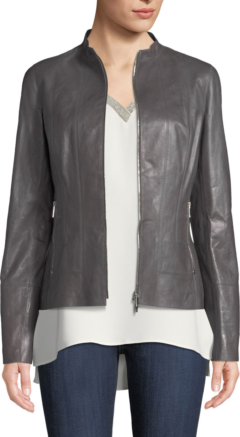 Lafayette 148 New York Sadie Zip-Front Glazed Lightweight Lambskin Leather Jacket