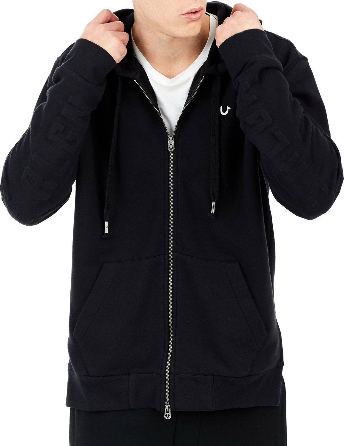 True Religion Embossed Elongated Zip-Front Hoodie