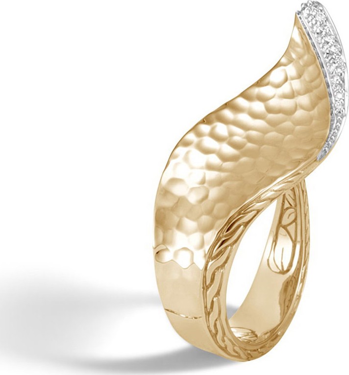 John Hardy Classic Chain Wave Hammered Wide 18K Gold Diamond Ring, Size 8