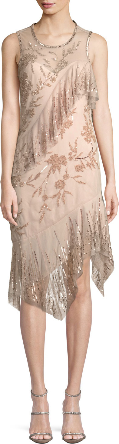 Parker Florence Sleeveless Scoop-Neck A-Line Sequin Beaded Cocktail Dress