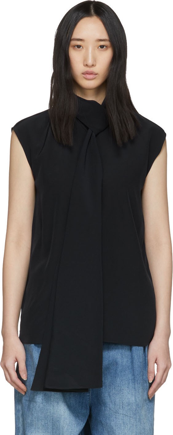 Tibi Navy Silk Tie Neck Sleeveless Blouse