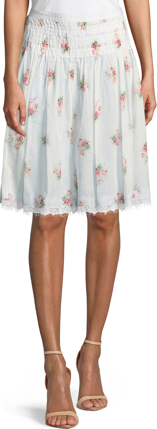 Brock Collection Floral-Embroidered Smocked-Waist A-Line Cotton Skirt