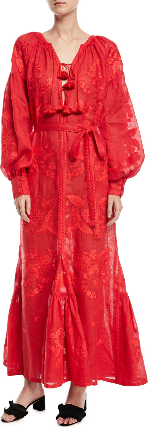 Vita Kin Long-Sleeve Tie-Front Embroidered Linen Maxi Dress