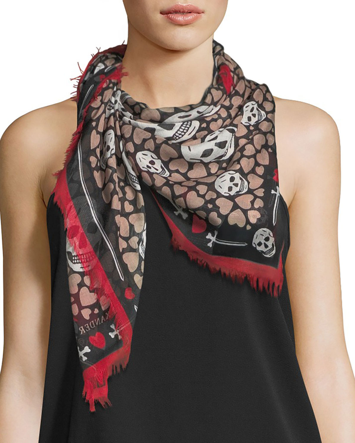 Alexander McQueen Silk Skull and Heart-Print Scarf