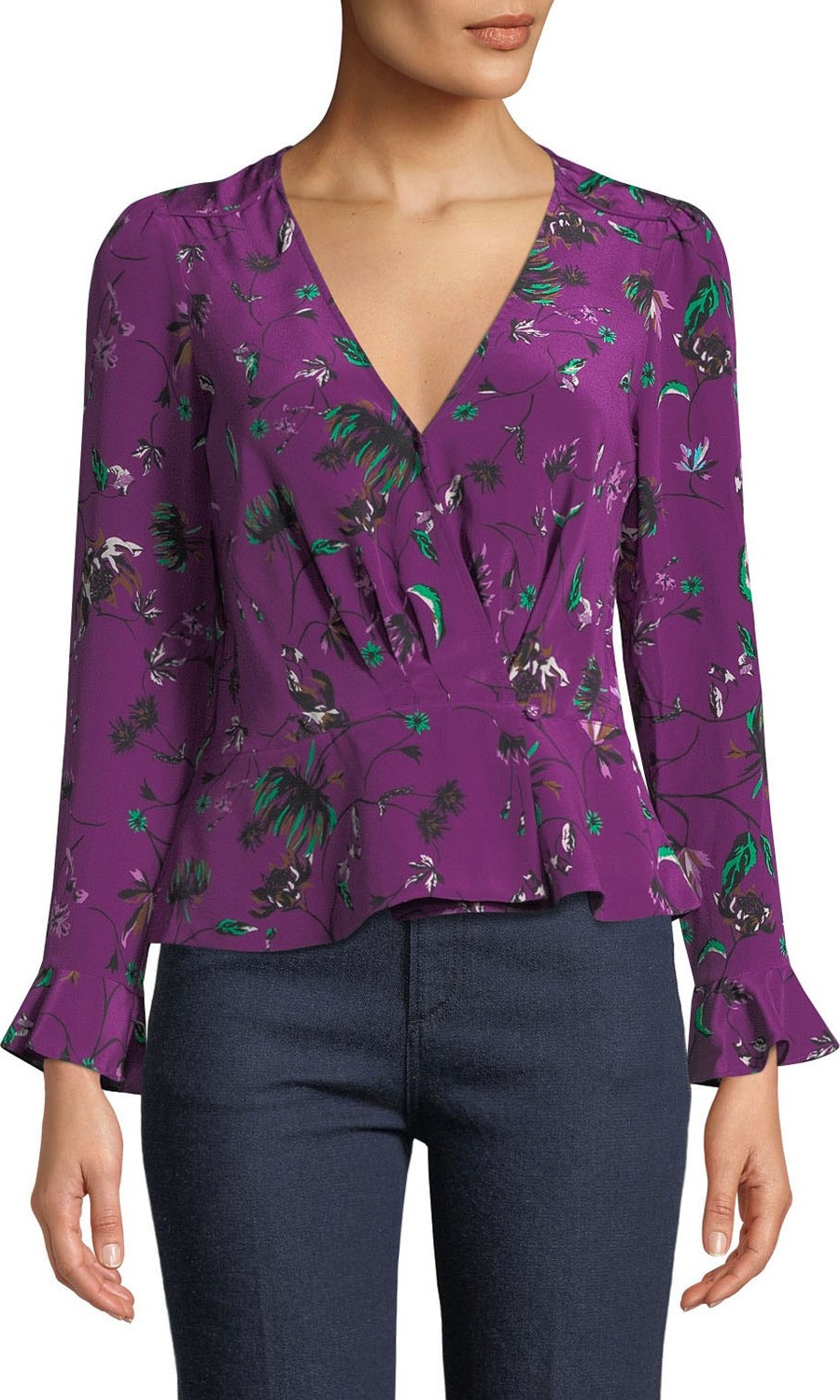 Tanya Taylor Clio Printed Bell-Sleeve Wrap Top