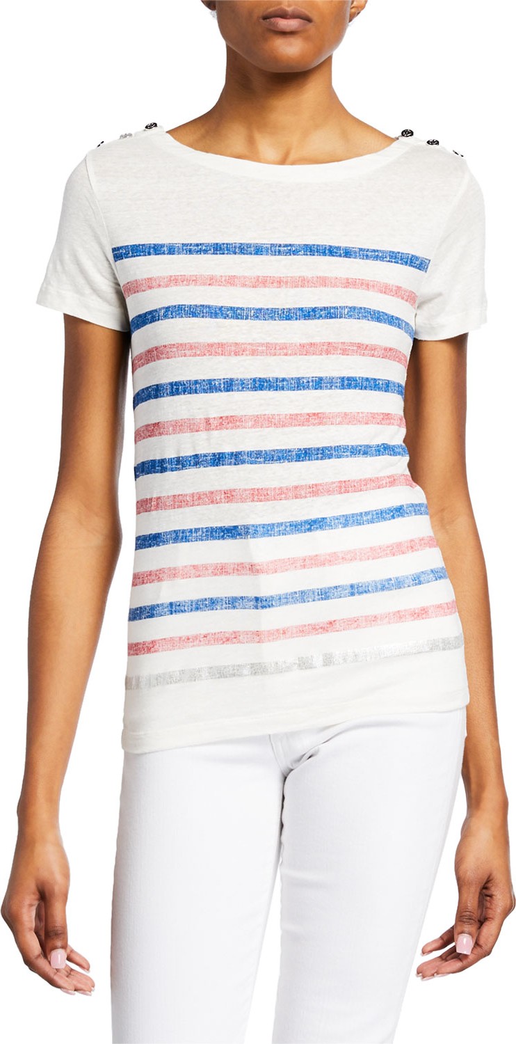 Majestic Striped Boat-Neck Short-Sleeve Tee with Button Shoulders
