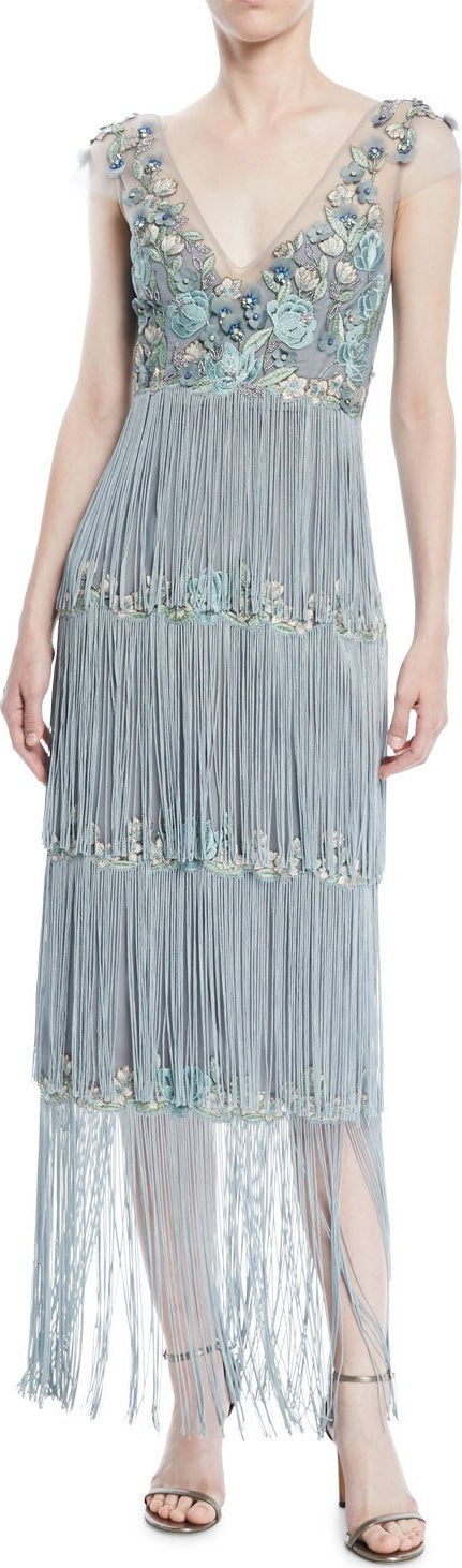 Marchesa Notte Cap-Sleeve Beaded Fringe Dress