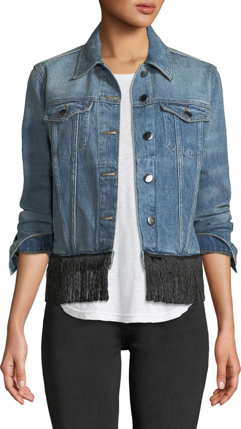 FRAME DENIM Button-Front Denim Jacket w/ Fringe
