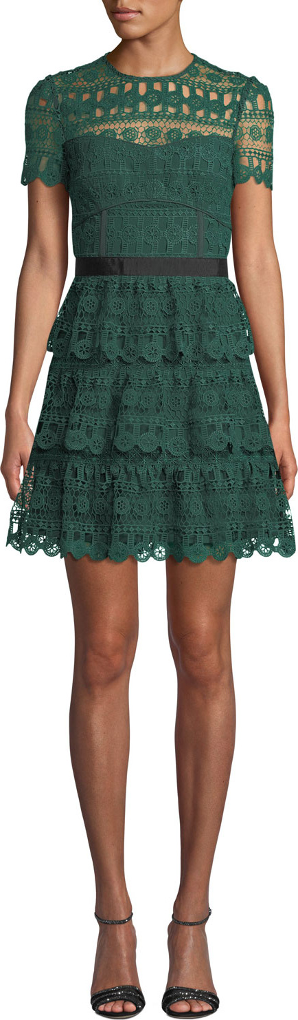 Self Portrait Tiered Lace Guipure Short-Sleeve Cocktail Dress