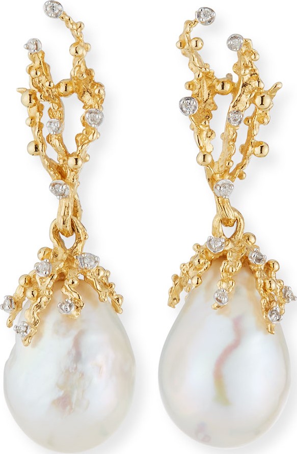 Michael Aram 18k Ocean Sculpted Pearl Earrings w/ Diamonds