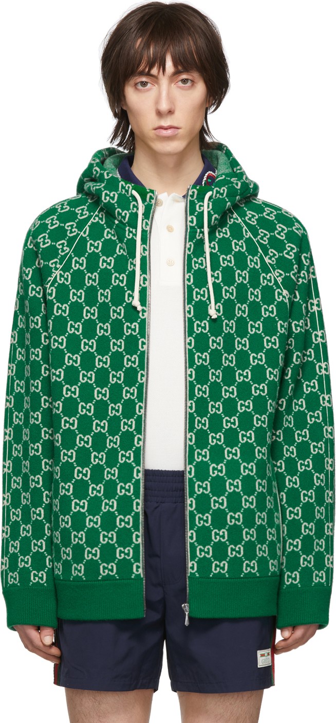 Gucci Green & Off-White Wool GG Zip Hoodie