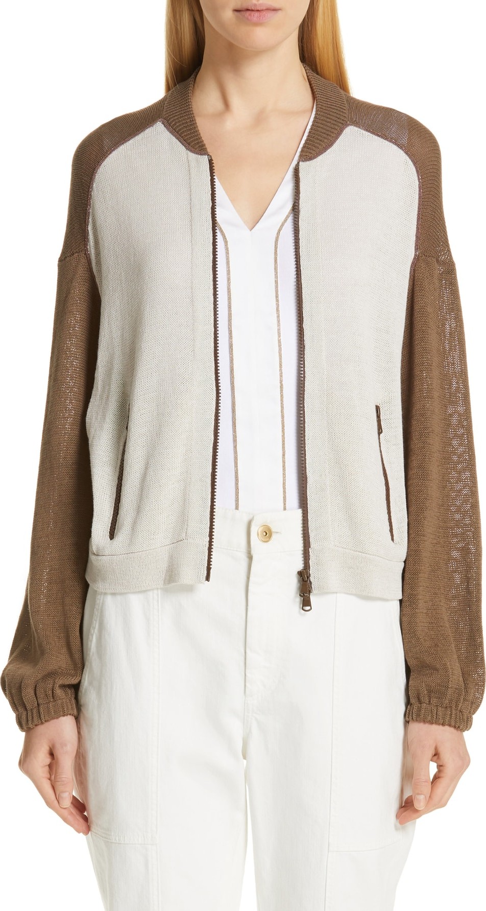 Brunello Cucinelli Colorblock Cotton Bomber Sweater