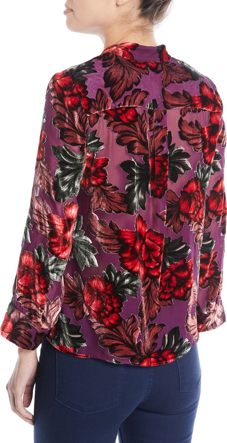 Alice + Olivia Eloise Mandarin-Collar Button-Front Floral-Burnout Blouse