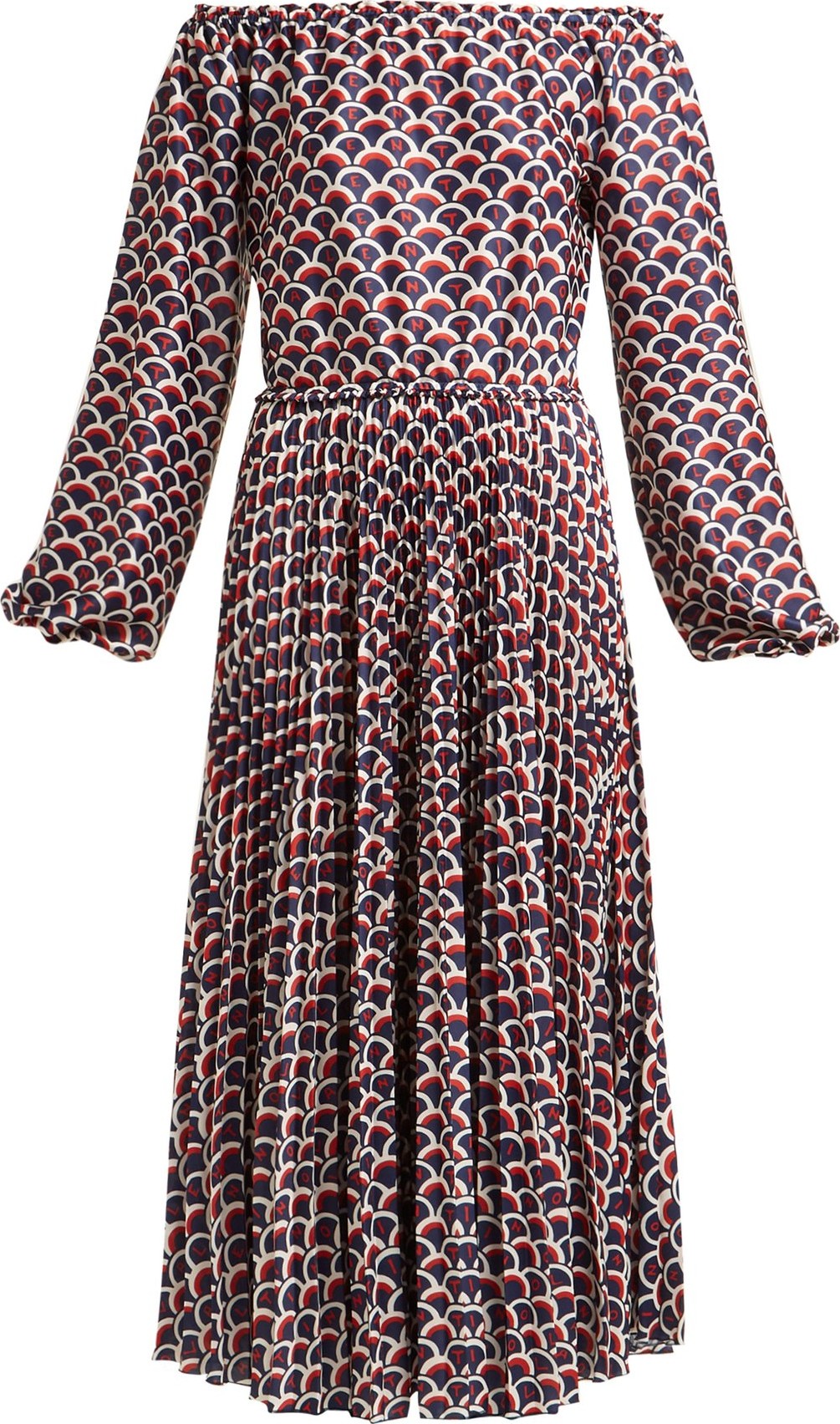 Valentino Scale-print off-the-shoulder pleated midi dress