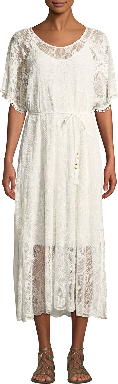 Johnny Was Scoop-Neck Short-Sleeve Sheer Lace Midi Dress w/ Tasseled Tie-Belt