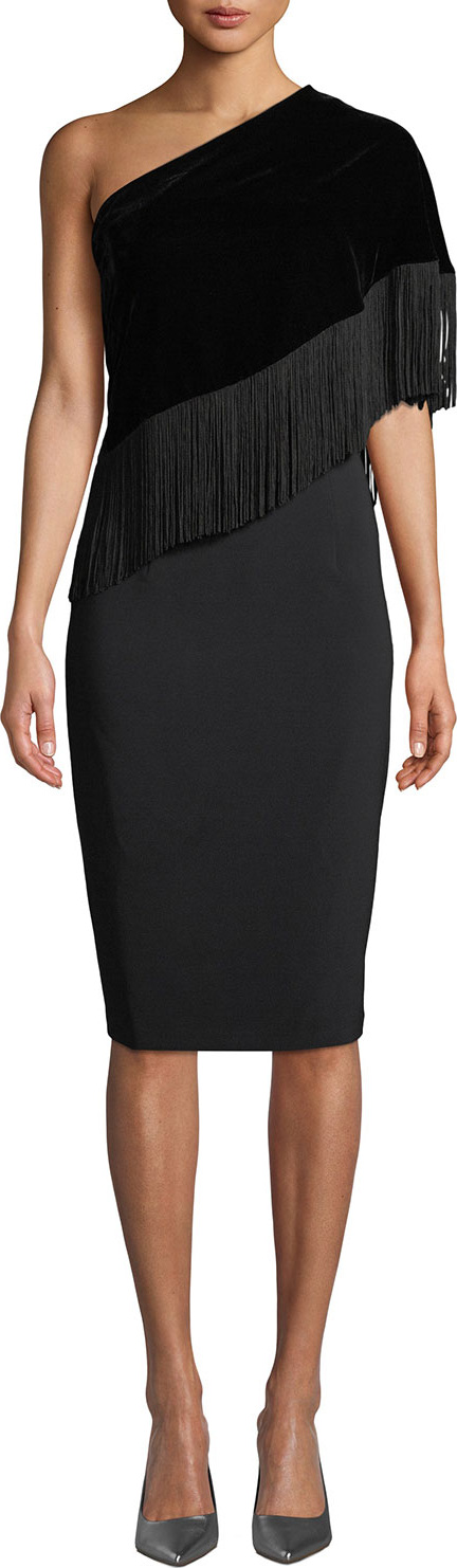 Sachin & Babi Briar Fringe One-Shoulder Cocktail Dress w/ Velvet Overlay