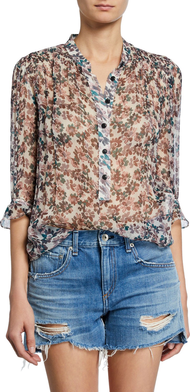 Rag & Bone Susan Floral-Print Chiffon 3/4-Sleeve Blouse