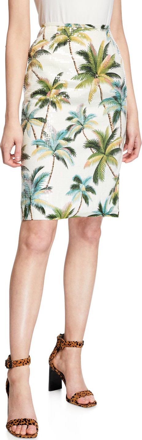 Le Superbe Hawaiian Shine Sequin Palm-Tree Pencil Skirt
